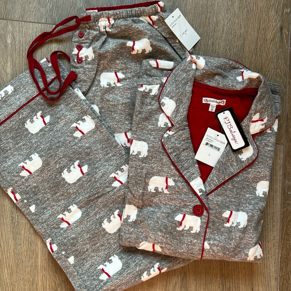 NWT PJ Salvage women size S polar bear grey cotton flannel 2-piece pj set